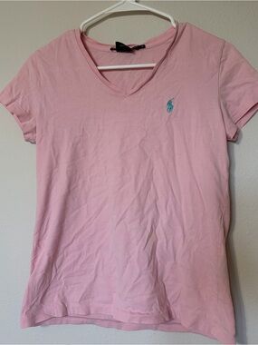 Polo by Ralph Lauren Women’s Pink V-Neck Tee with Teal Pony, minor stain